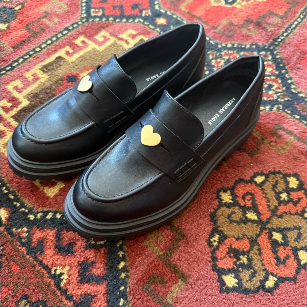 American Eagle Outfitters Black Loafers with Gold Heart Accent - Picture 2 of 4